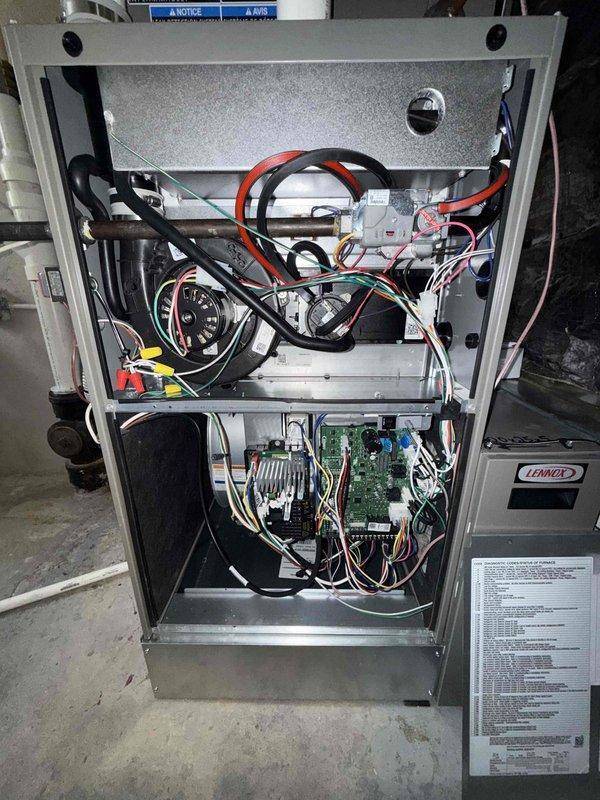 Completed comprehensive Comfort Plan Clean and Check service on two-system HVAC setup. Performed maintenance on second-floor system, including inspection of furnace interior components, control board, refrigerant lines, and electrical connections; all components found in good working condition with no major issues requiring immediate replacement. Additionally conducted recheck of refrigerant pressures on newly installed first-floor AC system to verify proper charge levels and system performance. Inspected and confirmed air filter condition on both systems, finding filters clean and properly installed with adequate airflow.